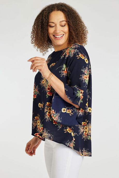Stella Morgan - 3/4 Sleeve Floral Blouse with Hanky Hem Design
