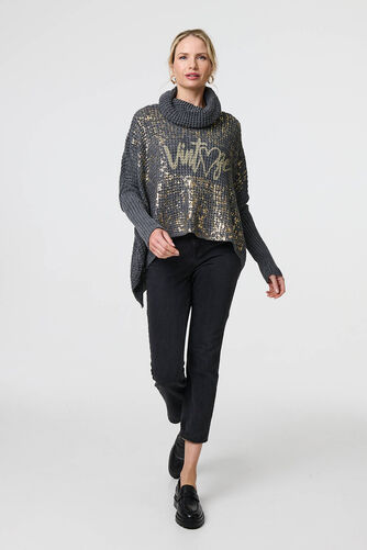 Izabel London – Graphic Print Metallic Roll Neck Jumper