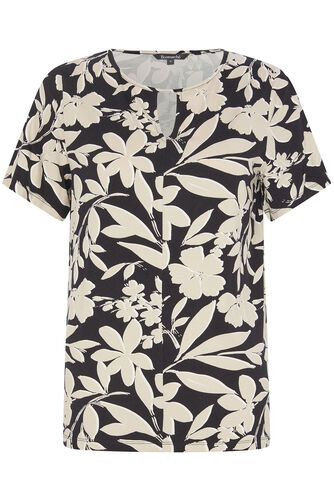 Short Sleeve Monochrome Floral Print Keyhole Top