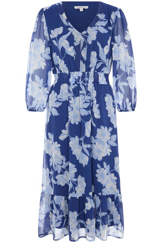 Large Floral Print Shirred Waist Dress