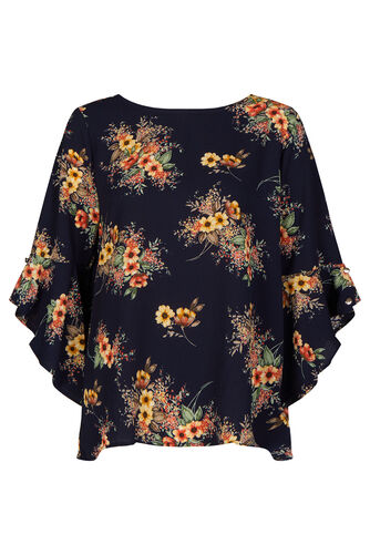 Stella Morgan - 3/4 Sleeve Floral Blouse with Hanky Hem Design