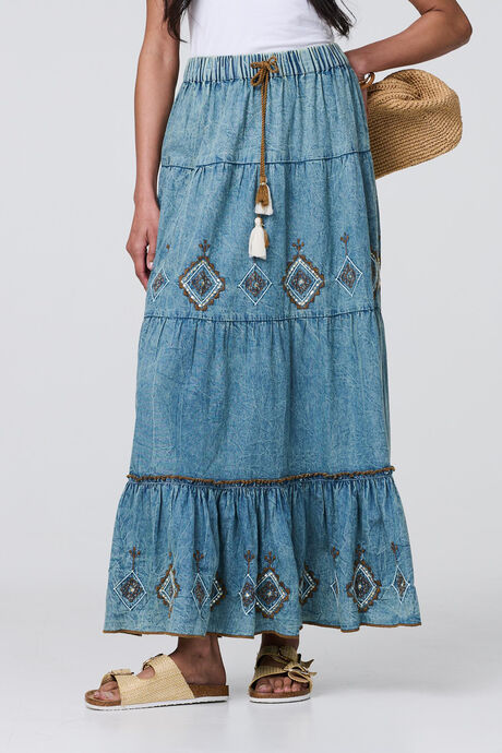 Izabel London – Embroidered Tiered Tassel Waist Maxi Skirt