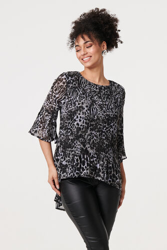 Izabel London – Animal Print Sheer Pleated Blouse