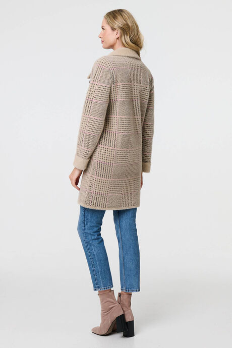 Checked Button Front Thigh Length Trench Coat