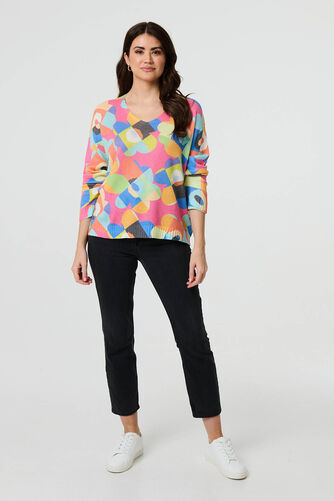 Izabel London – Abstract V-Neck Long Sleeve Knit Top