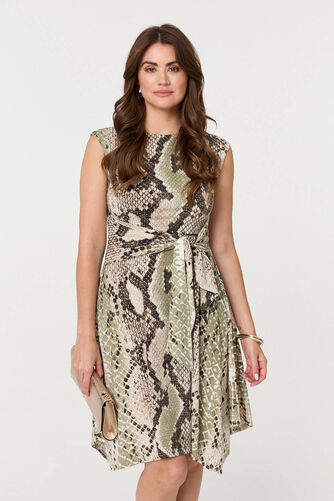 Izabel London – Snake Print Boat Neck Hanky Hem Short Dress