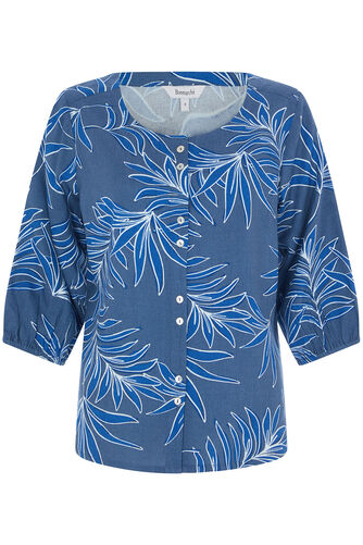 3/4 Sleeve Leaf Print Button Through Blouse