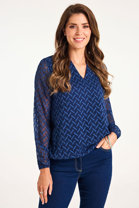 Long Sleeve Jacquard Bubble Hem Blouse