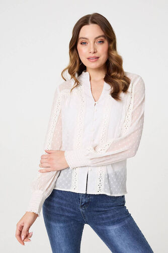 Izabel London – Lace Trim High Neck Long Sleeve Blouse