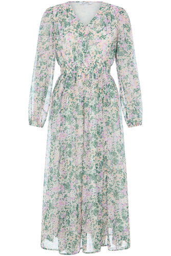 Floral Print Shirred Waist Chiffon Dress
