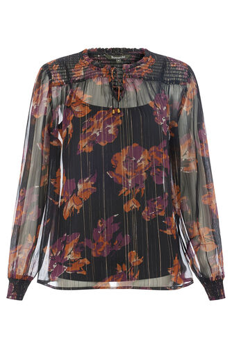 Long Sleeve Abstract Floral Tie Neck Chiffon Blouse