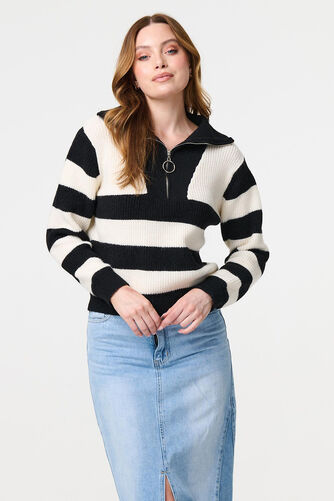 Izabel London – Striped Knit 1/4 Zip High Neck Pullover