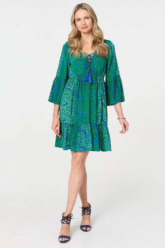 Izabel London – Paisley Tassel V-Neck Knee Length Dress