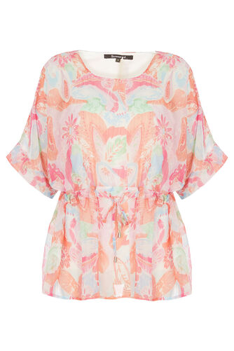 Batwing Tropical Floral Round Neck Kaftan Top