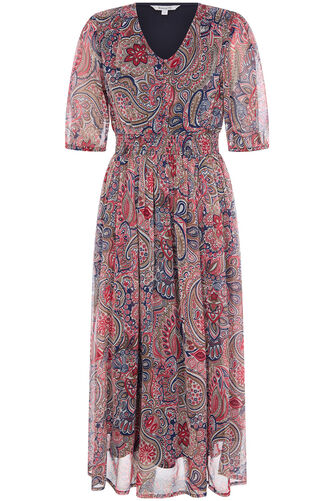 Paisley Print Shirred Waist Chiffon Dress