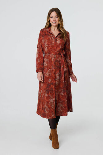 Izabel London – Leaf Print Tie Waist Midi Shirt Dress