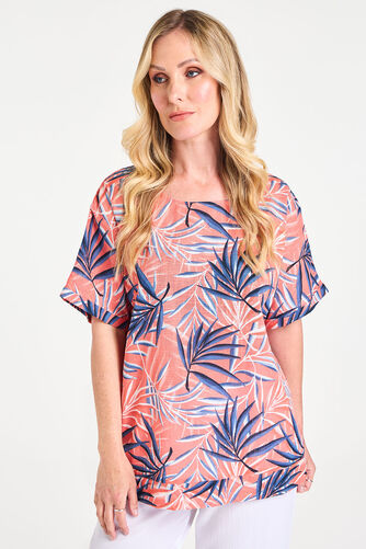 Short Sleeve Palm Print Cotton Slub Top