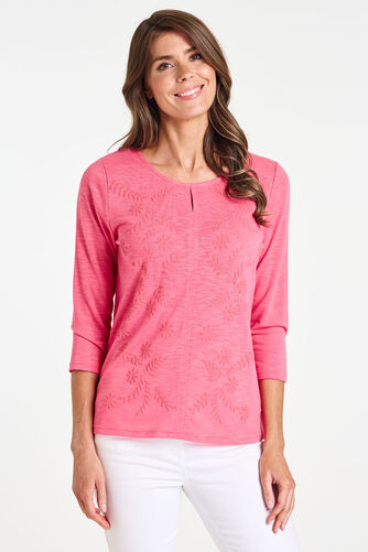 Textured Leaf Print Keyhole Detail Top
