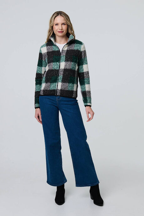 Izabel London – Checked Zip Front Boxy Teddy Jacket