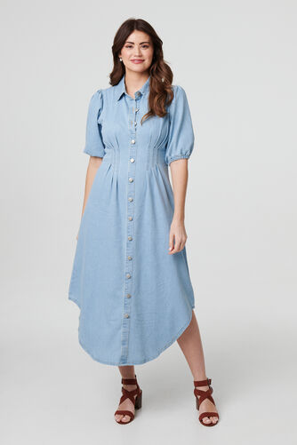 Izabel London – Denim 1/2 Puff Sleeve Ruched Maxi Shirt Dress