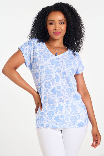 Large Floral Print Shirred Shoulder Textured Top