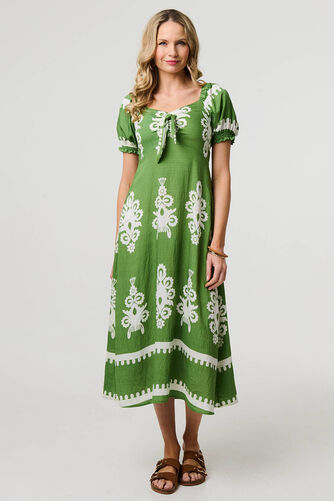 Izabel London – Printed Puff Sleeve Tie Front Midi Dress