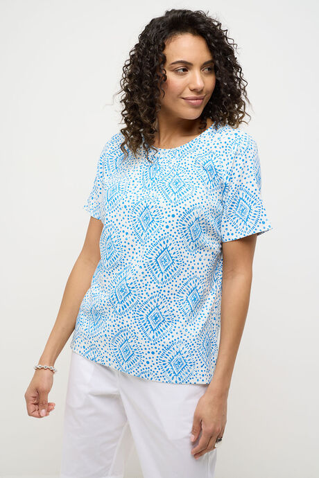 Dotty Tile Print Gathered Neck Linen Blend Top