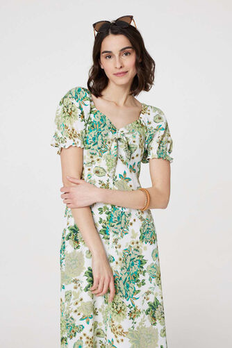 Izabel London - Floral Tie-Front Short Sleeve Midi Dress
