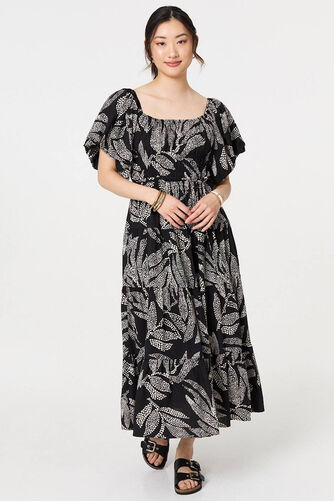 Izabel London – Leaf Print Puff 1/2 Sleeve Midi Dress