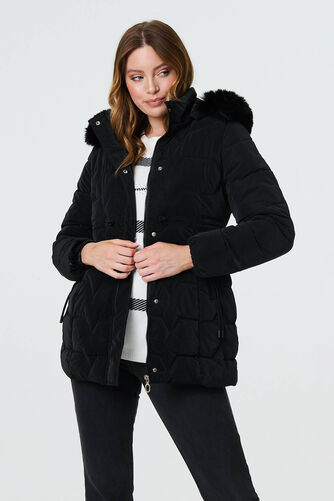 Izabel London – Faux Fur Padded Zip-Up Hooded Jacket