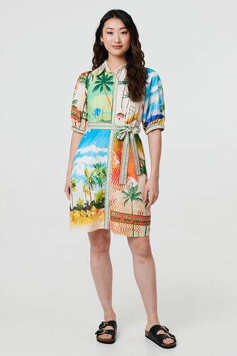 Izabel London – Tropical Print Tie Waist 1/2 Sleeve Mini Dress