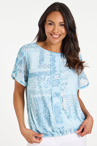 Patchwork Print Bubble Hem Chiffon Blouse