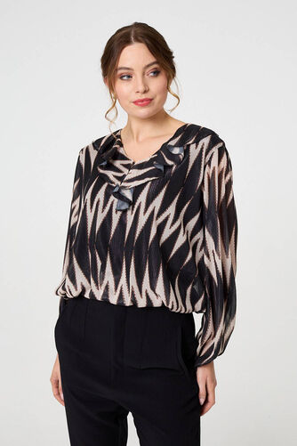 Izabel London – Printed Semi Sheer Ruffled V-Neck Blouse