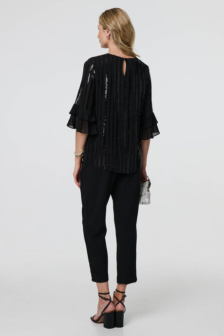 Izabel London – Sequin Stripe Ruffled 3/4 Sleeve Blouse