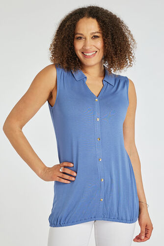 Sleeveless Bubble Hem Button Through Plain Shirt