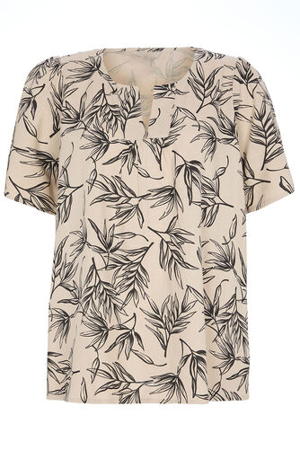 Short Sleeve Leaf Print Notch Neck Linen Top