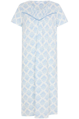 Tile Print Pintuck Lace Detail Nightdress