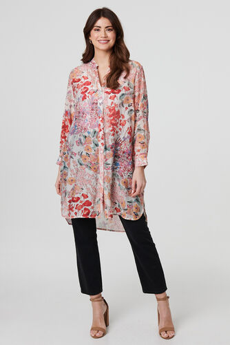 Izabel London – Floral Print Longline Semi Sheer Shirt