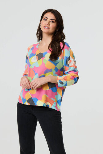 Izabel London – Abstract V-Neck Long Sleeve Knit Top
