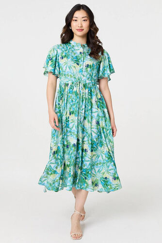 Izabel London – Leaf Print Tie Waist Pleated Midi Dress