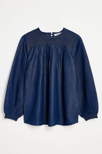 Autonomy - Long Sleeve Smocked Neckline Denim Top