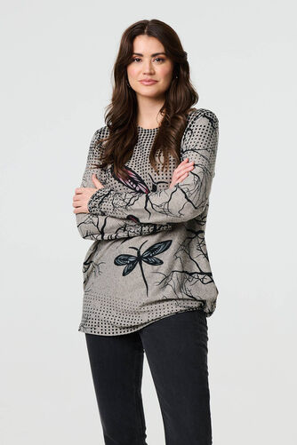 Izabel London – Dragonfly Print Long Sleeve Tunic Top