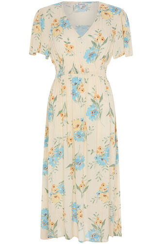 Floral Print Shirred Waist Crinkle Dress