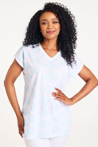 Short Sleeve Tile Print V-Neck T-Shirt