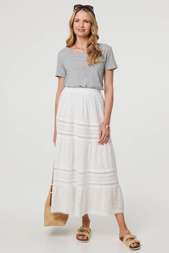 Izabel London – Lace Trim High Waist Tiered Maxi Skirt