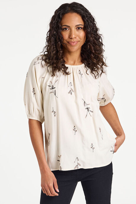 Floral Embroidered Gathered Neck Blouse