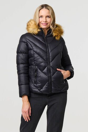 Izabel London – Faux Fur Trim Hooded Puffer Jacket