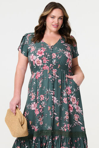 Izabel London - Floral Short Sleeve Lace Trim Maxi Dress