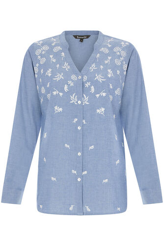 Embroidered Collarless Denim Shirt
