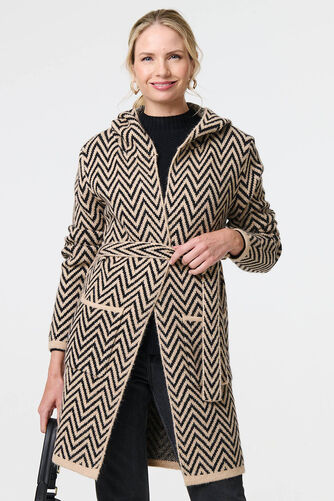 Izabel London – Chevron Print Tie Waist Hooded Coatigan